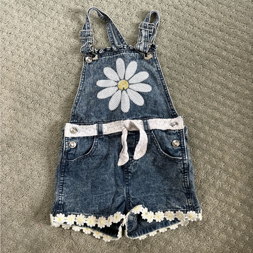 Girls' Denim Daisy Short Overalls - Blue with White Floral Trim